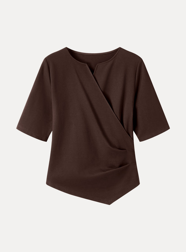 Ponte Surplice Elbow Sleeve Asymmetrical Hem Top