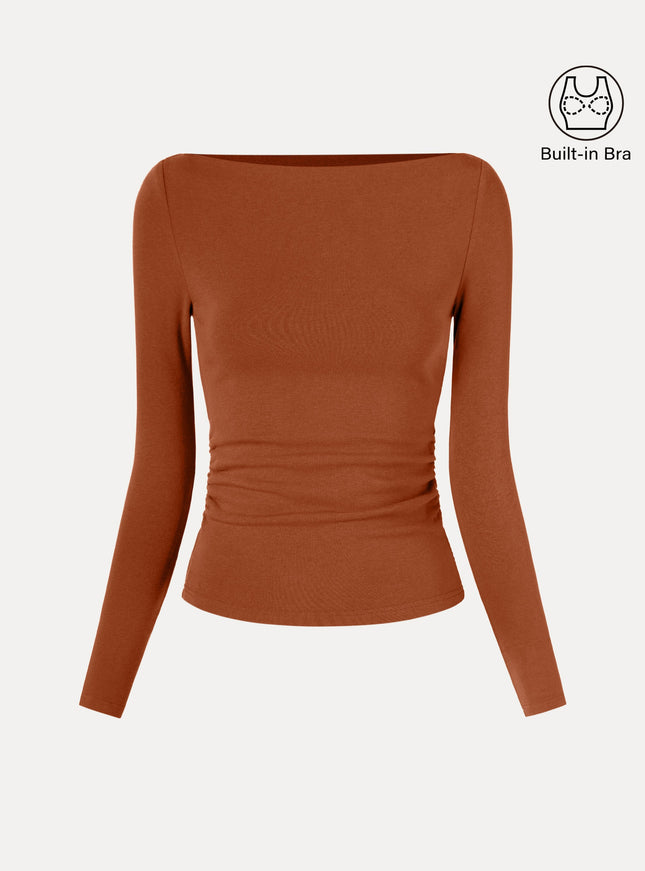Modern Side Ruched Boatneck Built-In Bra Top
