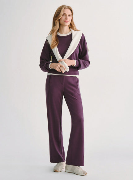 2Pcs Set MaxWarm Fleece Round Neck Long Sleeve Top & High-Rise Belted Wide-Leg Pants with Pockets