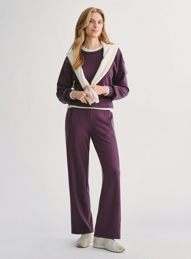 2Pcs Set MaxWarm Fleece Round Neck Long Sleeve Top & High-Rise Belted Wide-Leg Pants with Pockets