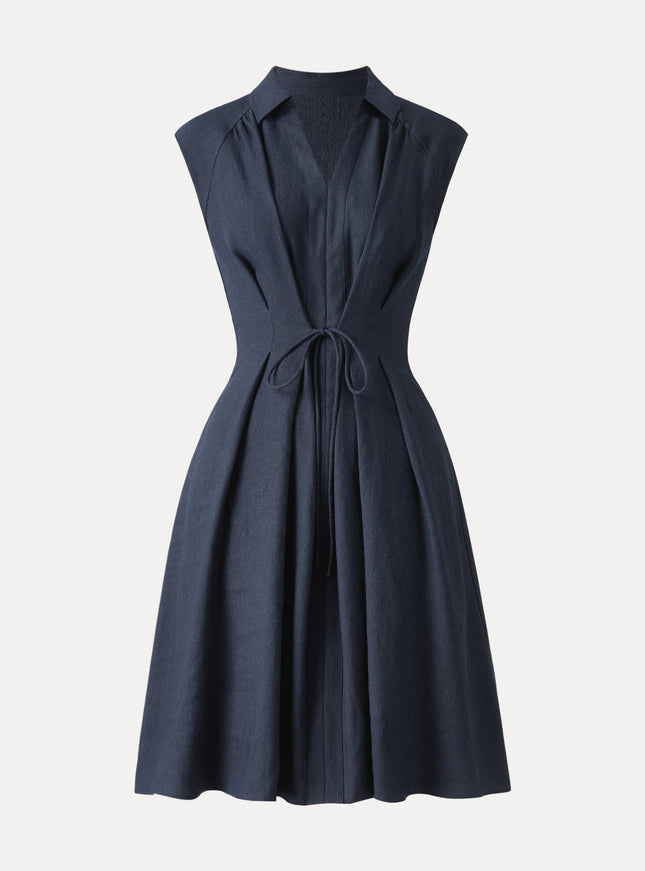 Viscose-Linen Collared V-neck Midi Dress with Drawstring