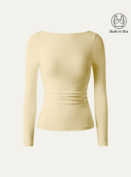 Boatneck Long Sleeve Open-Back Ruched Built-In Bra Top