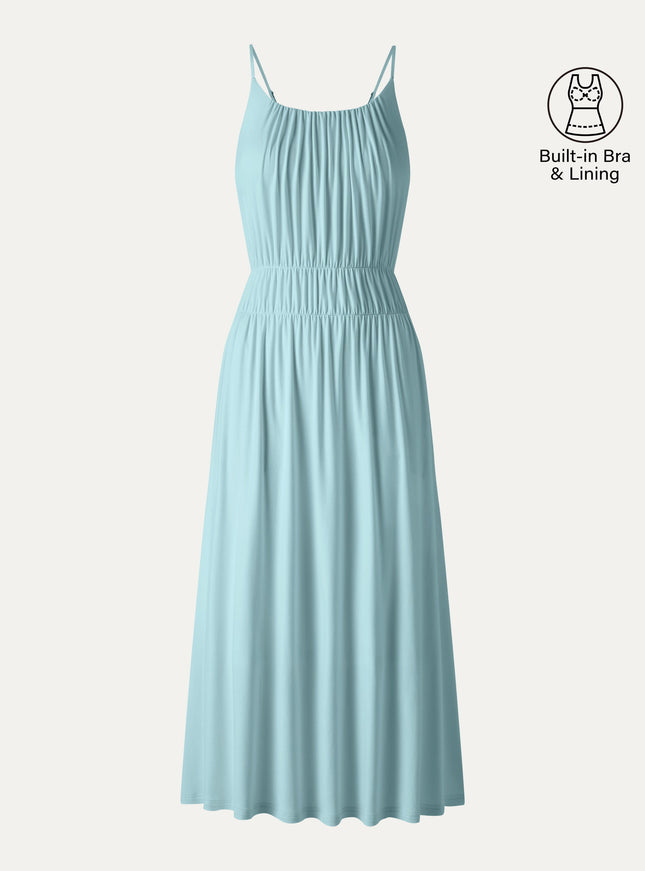 Vacay Gathered U-Neck Spaghetti Midi Built-In Bra Dress with Pockets