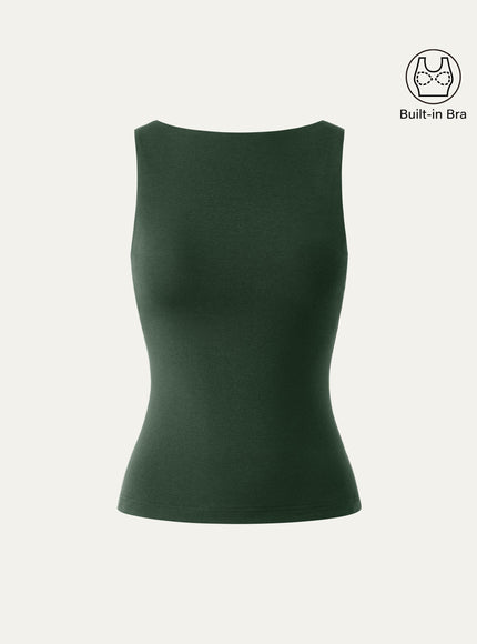 Stretch Cotton Boatneck Built-In Bra Tank