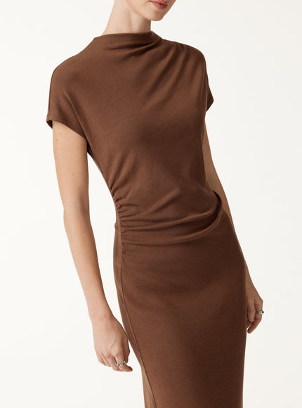 Mock Neck Cap Sleeve Ruched Midi Dress
