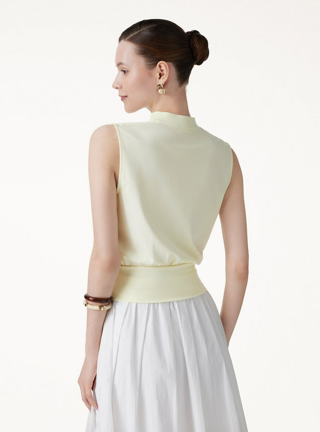 Cotton-Viscose V-neck Stand Collar Sleeveless Top