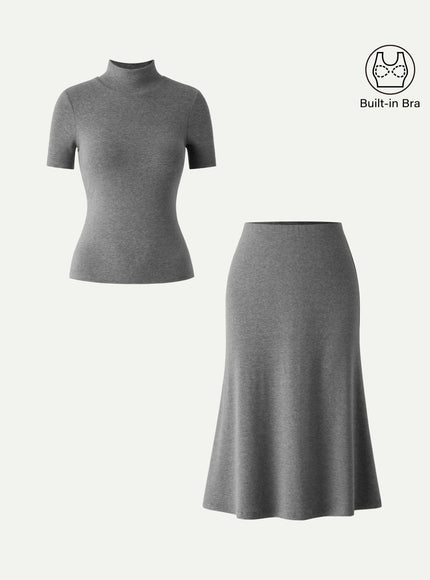 2Pcs Set Mockneck Built-In Bra Top & Pull-On Midi Skirt