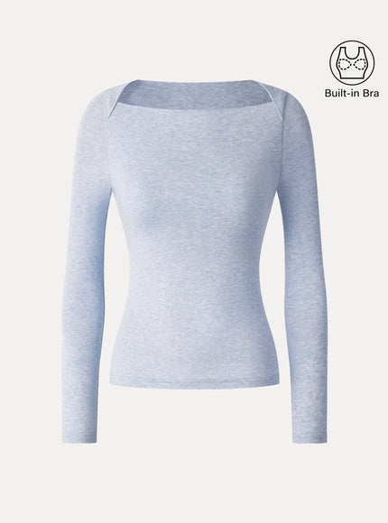 Lyocell-Wool Trapeze Neck Long Sleeve Built-In Bra Top