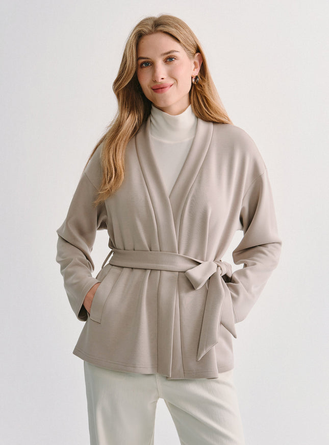 Modal Stretch Fleece Crossover Belted Wrap Cardigan Coat with Pockets