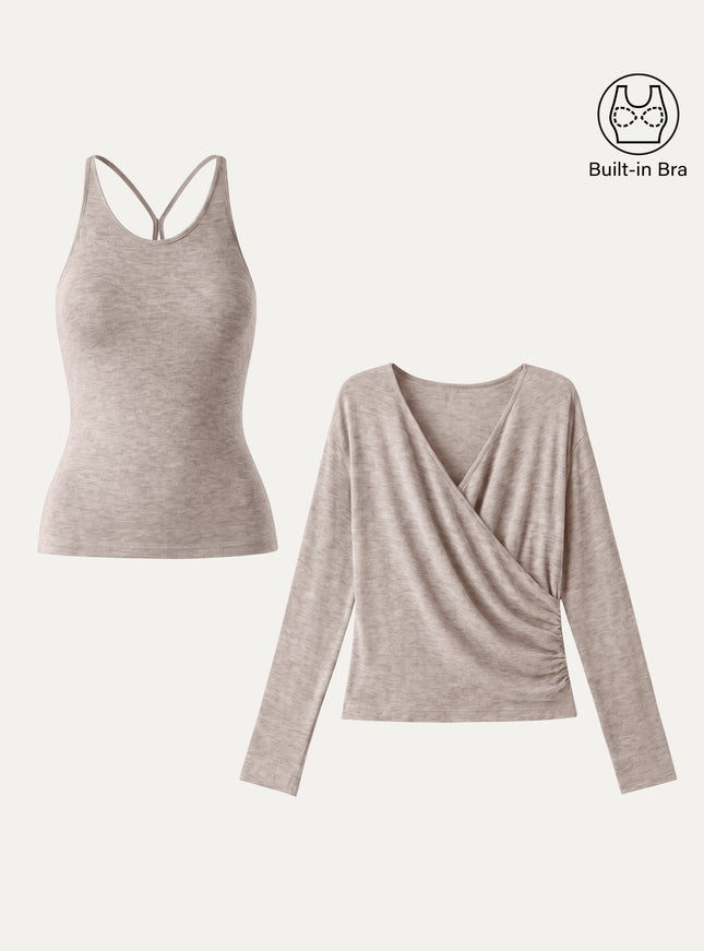 Two-Piece Set Cami with Surplice Ruched Built-In Bra Top