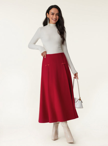 Wool-like Frog Button A-Line Midi Skirt Limited Edition