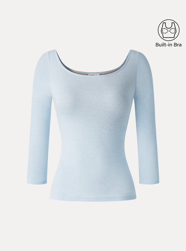 Lyocell-Wool Knit Scoop Neck 3/4 Sleeve Built-In Bra Top