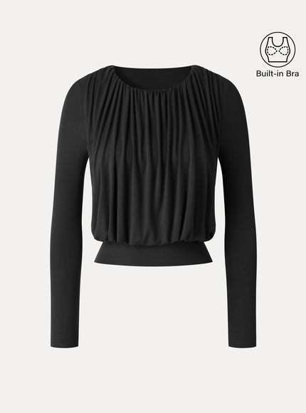 Lyocell-Wool Round Neck Long Sleeve Tucked Built-In Bra Top