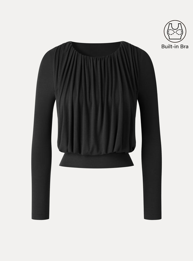 Lyocell-Wool Round Neck Long Sleeve Tucked Built-In Bra Top