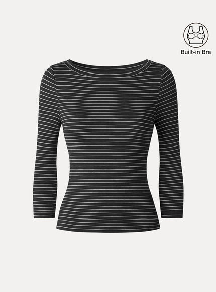 Striped Parisian Boatneck 3/4 Sleeve Built-In Bra Top
