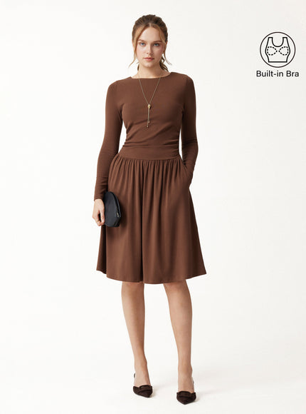 Boatneck Ruched Mini Built-In Bra Dress with Pockets