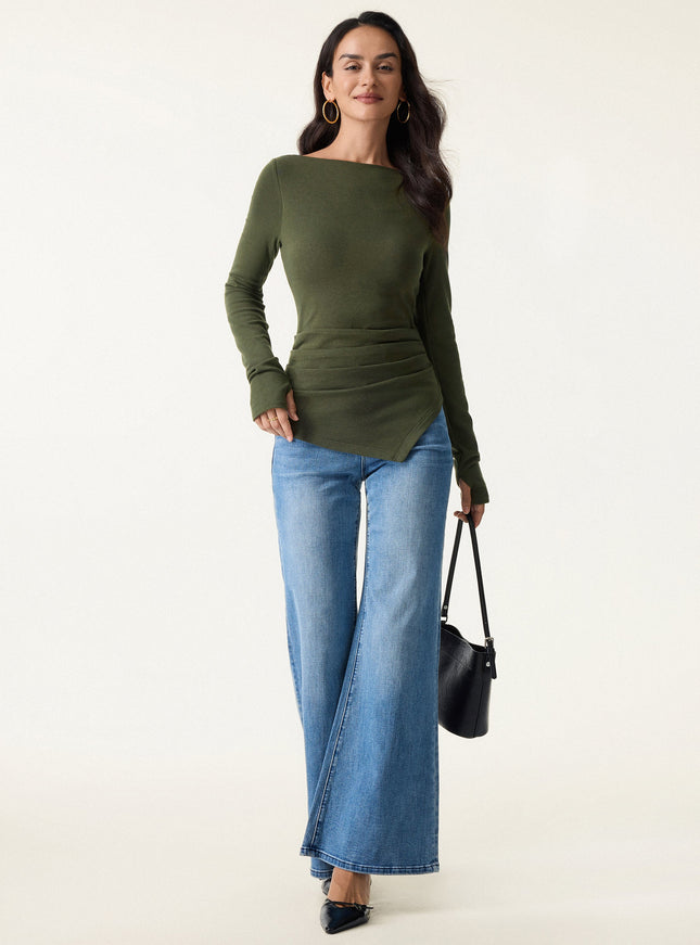 Boatneck Side Tucks Asymmetrical Built-In Bra Top