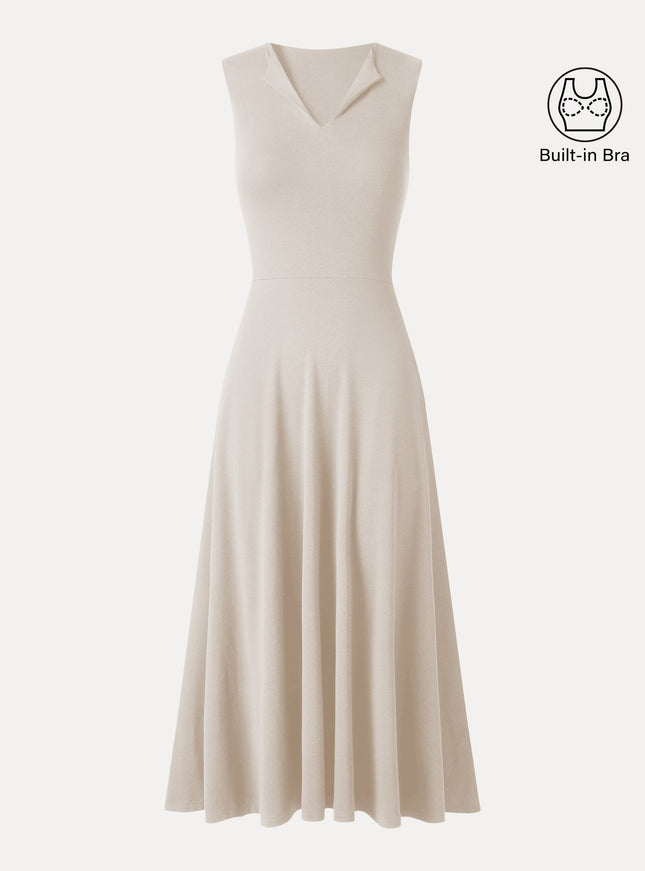 Ribbed Collared V-Neck Sleeveless A-Line Midi Built-In Bra Dress with Pockets