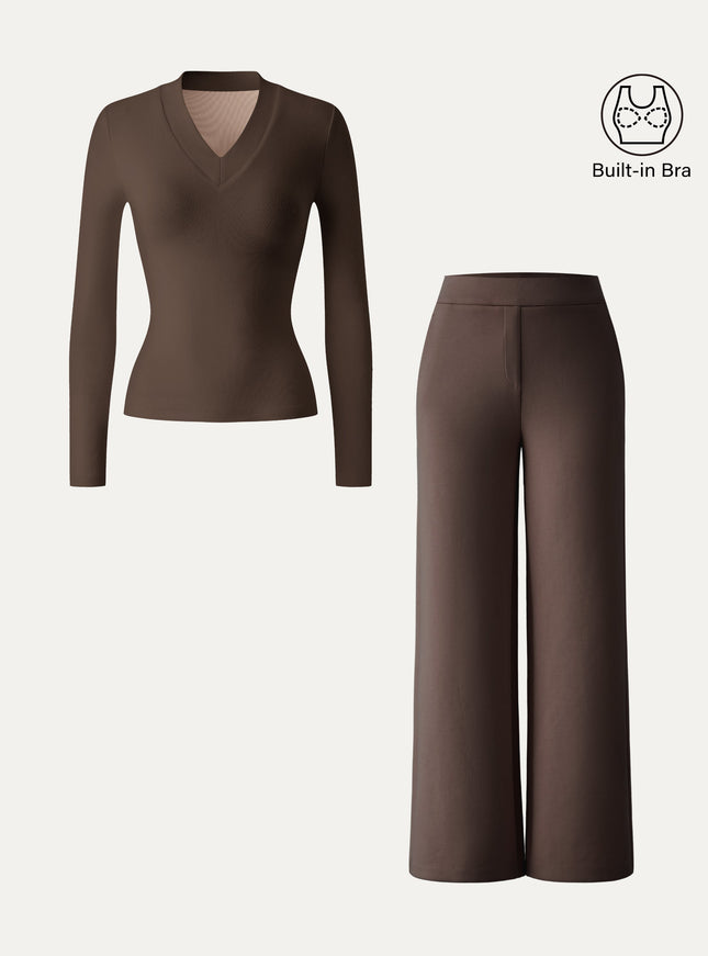 2Pcs Set V-neck Slimming Built-In Bra Top & Mid Rise Straight Pant with Pockets