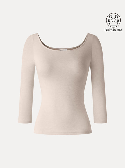 Lyocell-Wool Knit Scoop Neck 3/4 Sleeve Built-In Bra Top