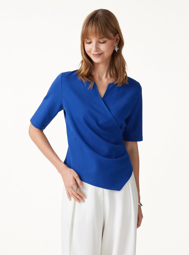 2Pcs Set Surplice Elbow Sleeve Top & Mid-Rise Wide-Leg Tuck Pants with Pockets