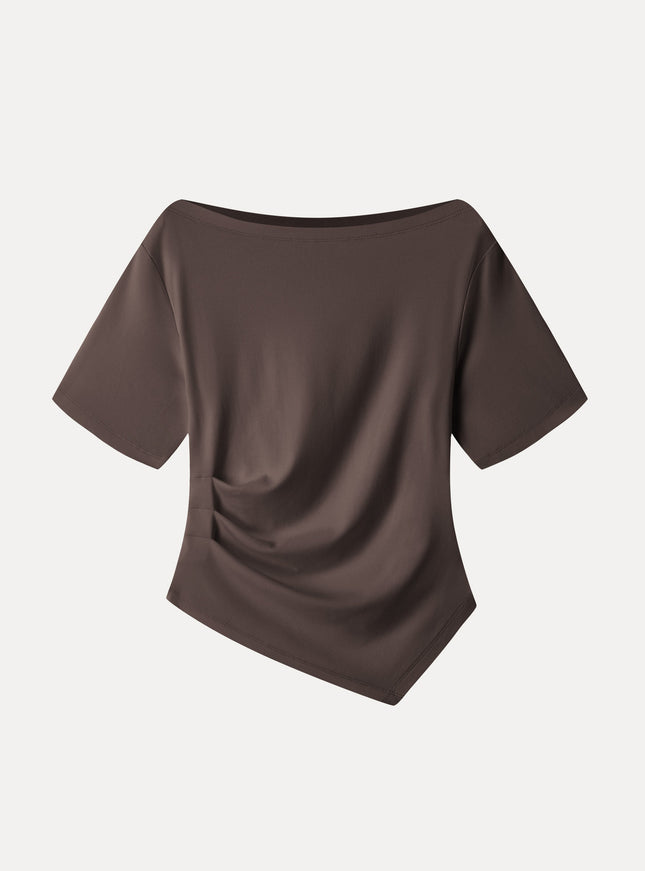 Cotton Blend Boatneck Elbow Sleeve Asymmetrical Tucked Top