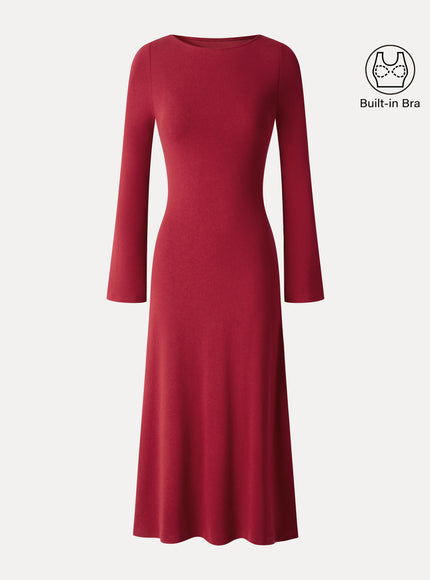 Boatneck Bell Sleeve Midi Built-In Bra Dress