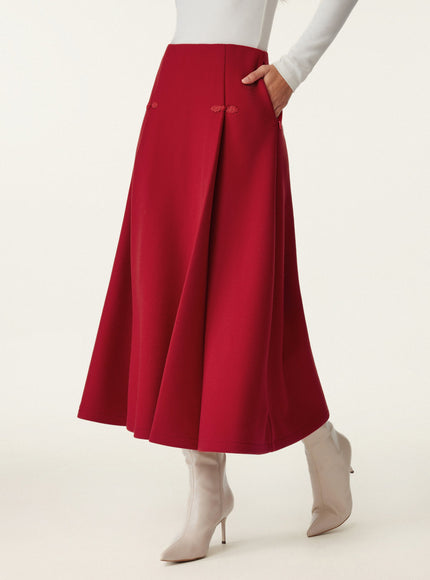 Wool-like Frog Button A-Line Midi Skirt Limited Edition