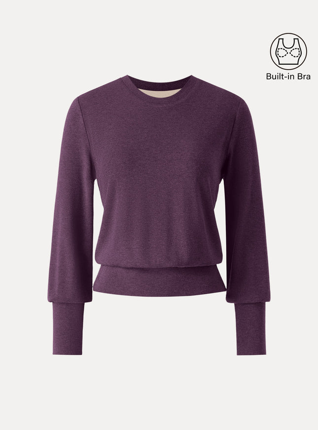 Elevated Crewneck Brushed Built-In Bra Top with Banded Hem