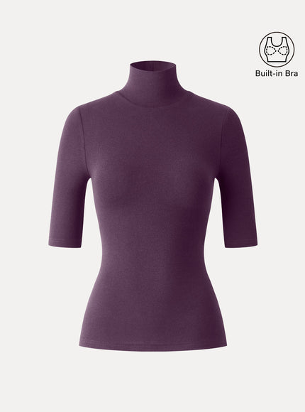 Essential Turtleneck Elbow Length Sleeve Built-In Bra Top - Midnight Navy
