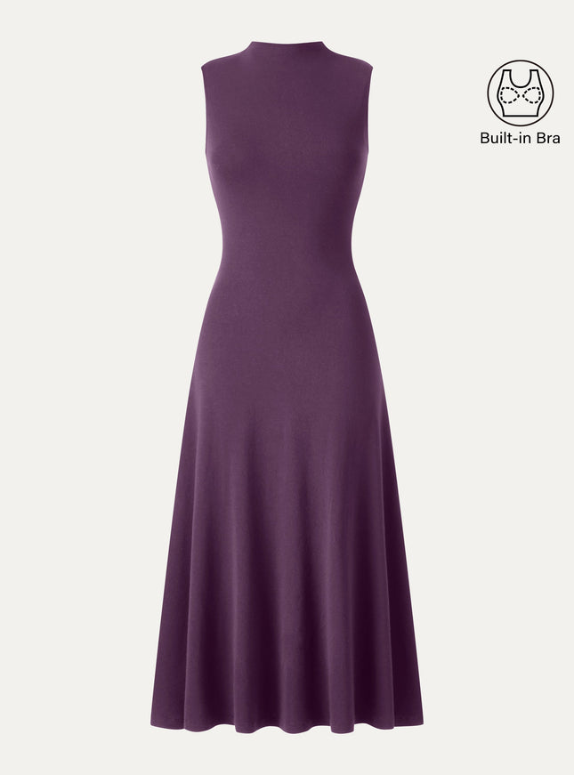Mock Neck Sleeveless A-Line Midi Built-In Bra Dress