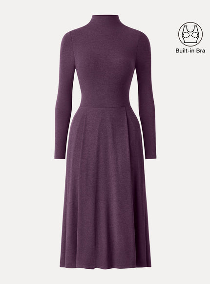 Mockneck Pleated Midi Built-In Bra Dress with Pockets