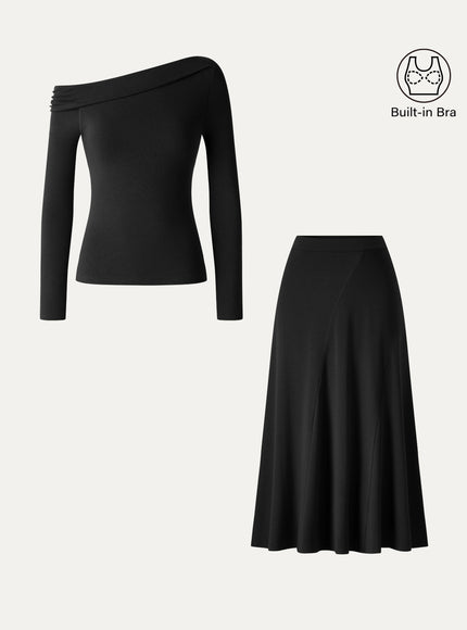 2Pcs Set Asymmetrical Built-In Bra Top & High-Rise A-Line Midi Skirt
