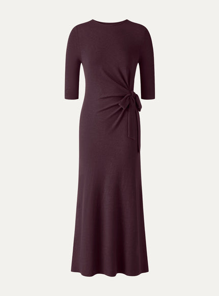 Slub Ribbed Round Neck Elbow Sleeve Tie-Waist Midi Dress