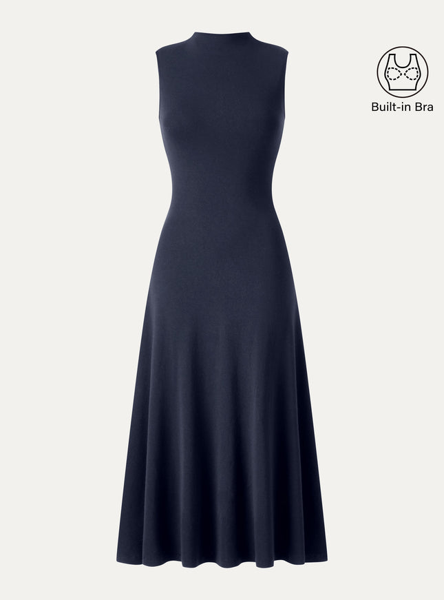 Mock Neck Sleeveless A-Line Midi Built-In Bra Dress