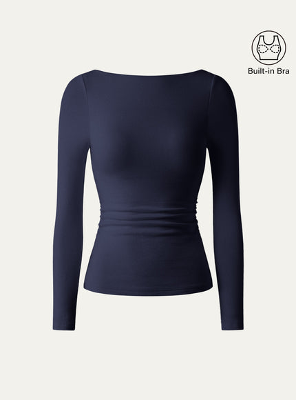 Boatneck Long Sleeve Open-Back Ruched Built-In Bra Top