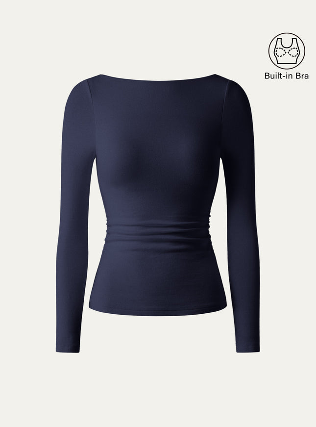 Boatneck Long Sleeve Open-Back Ruched Built-In Bra Top