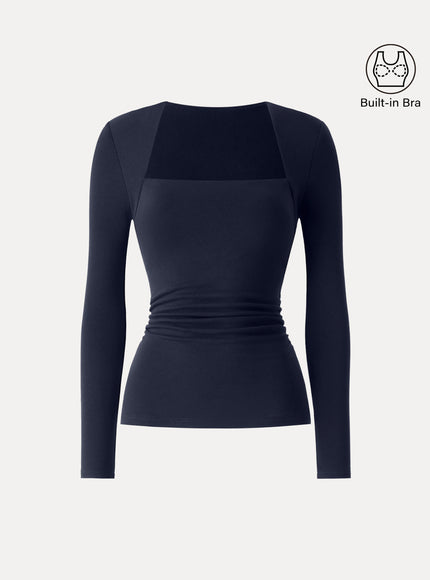 Trapeze Neck Long Sleeve Ruched Built-In Bra Top - Espresso Shut