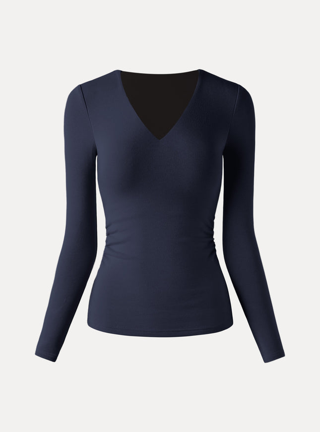 V-Neck Long Sleeve Side-Tuck Built-In Bra Top