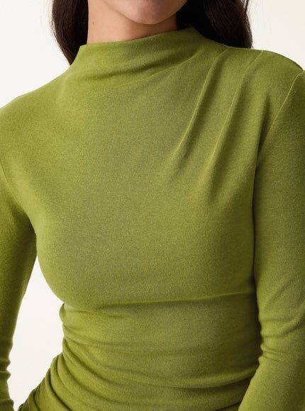 Mock Neck Long Sleeve Ruched Built-In Bra Top