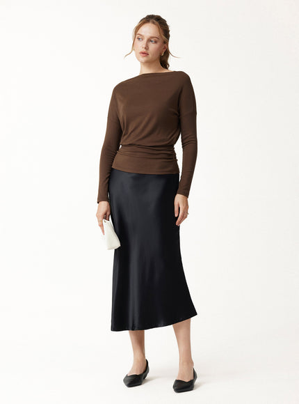 Lyocell-Wool Slash Neck Long Sleeve Ruched Banded Hem Top