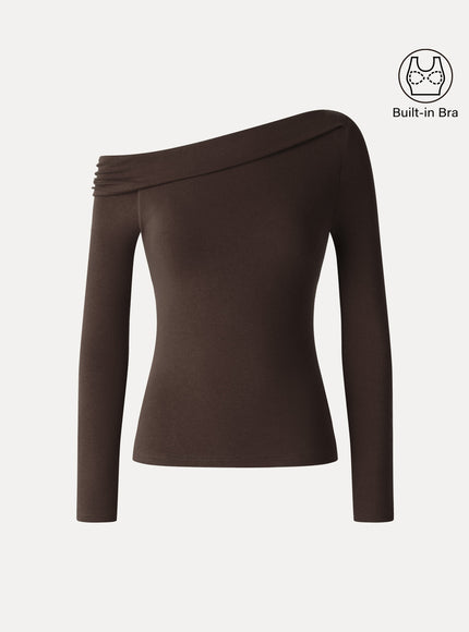 Asymmetrical Neck Long Sleeve Built-In Bra Top