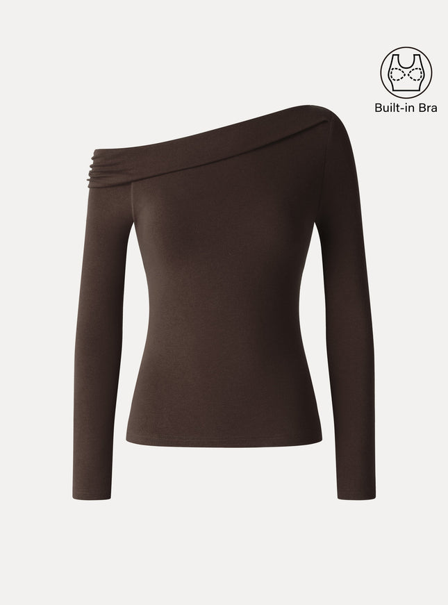 Asymmetrical Neck Long Sleeve Built-In Bra Top