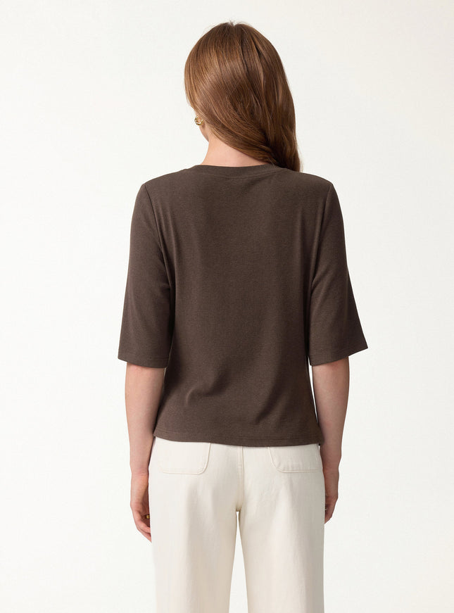 Round Neck Elbow Sleeve Side-Tuck Top