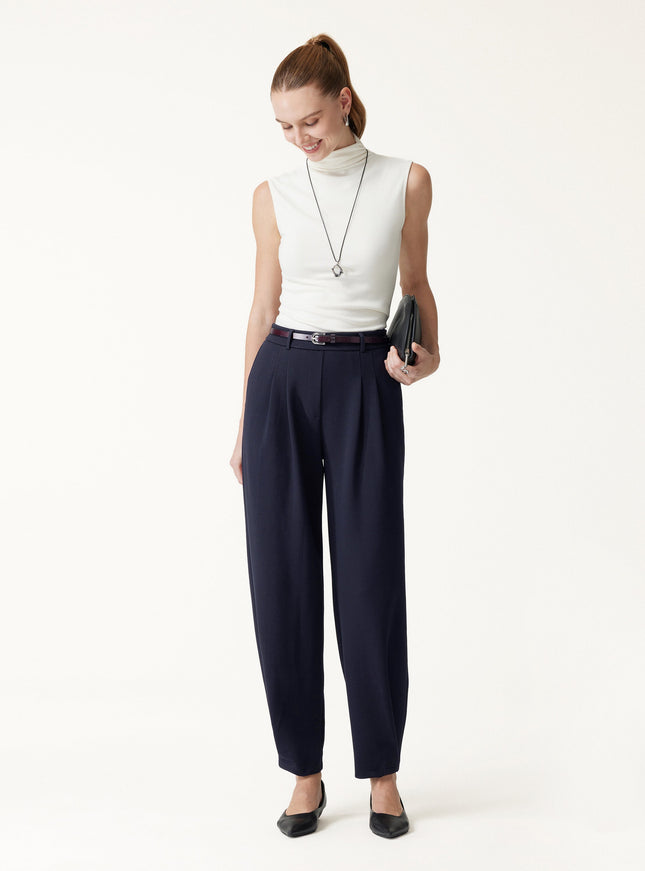 Stretch Ponte High-Rise Ankle Tapered Tuck Pants with Pockets