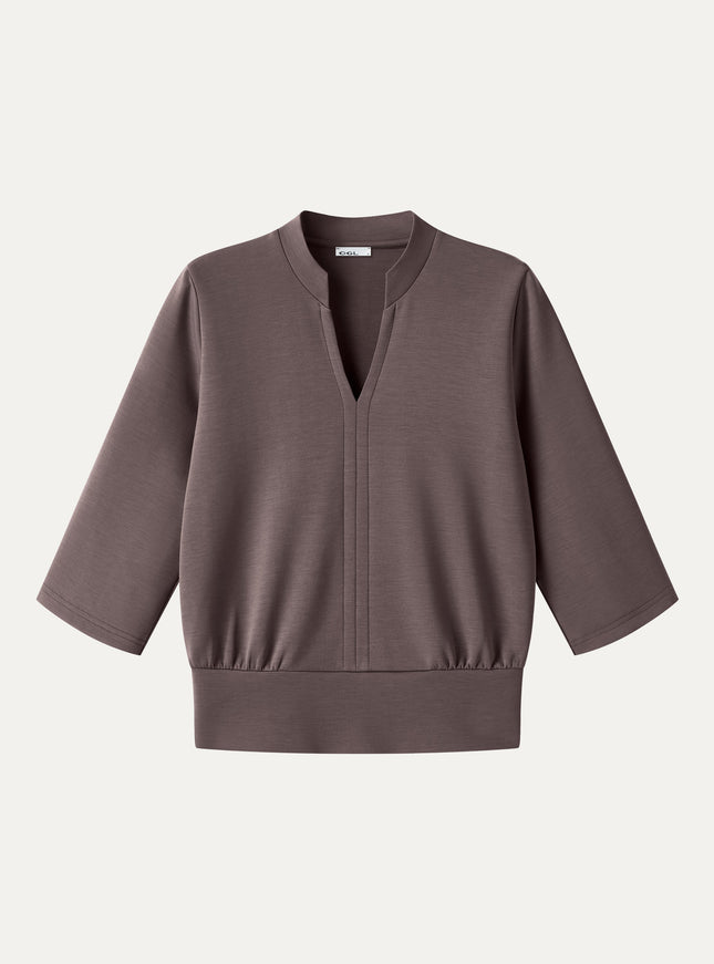 Lyocell Spacer Knit V-Neck Elbow Sleeve Banded Top