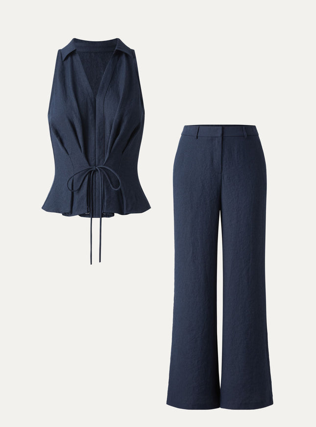 2Pcs Set Collared V-neck Sleeveless Top & Mid Rise Flared Pant with Pockets
