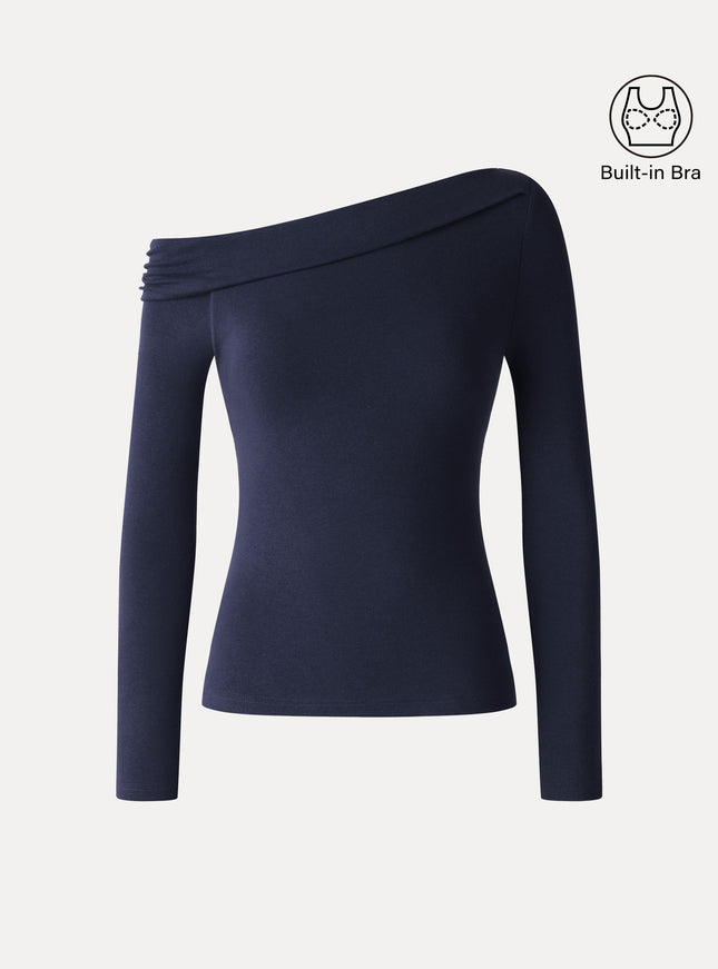 Asymmetrical Neck Long Sleeve Built-In Bra Top