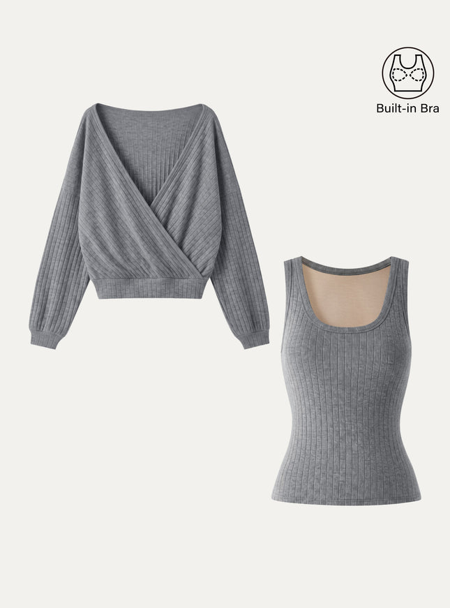 2Pcs Set MaxWarm U-Neck Built-In Bra Top & Crossover Banded Hem Top