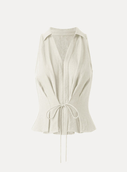 Collared V-neck Pleated Sleeveless Top with Drawstring